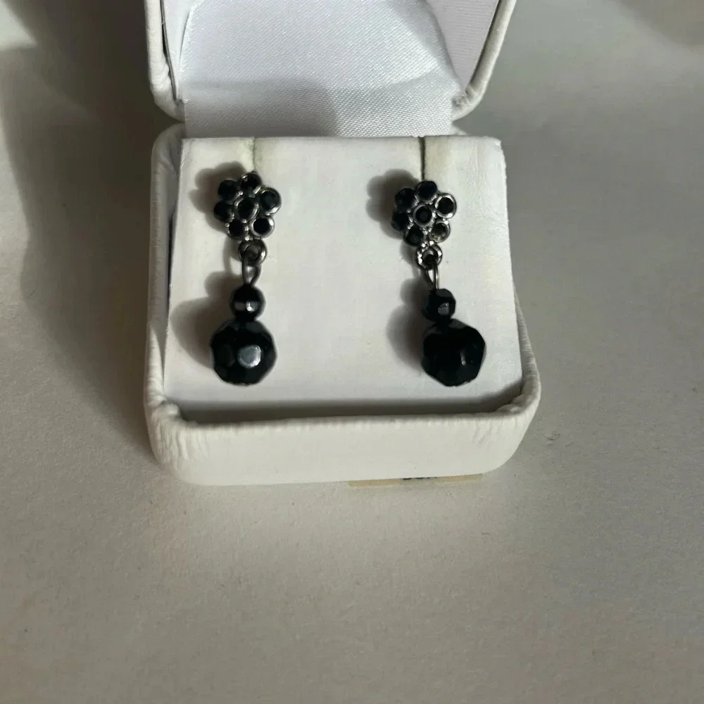 3/$20 Black Flower Beaded Crystal Dangling Drop Circular Silver Tone Earrings